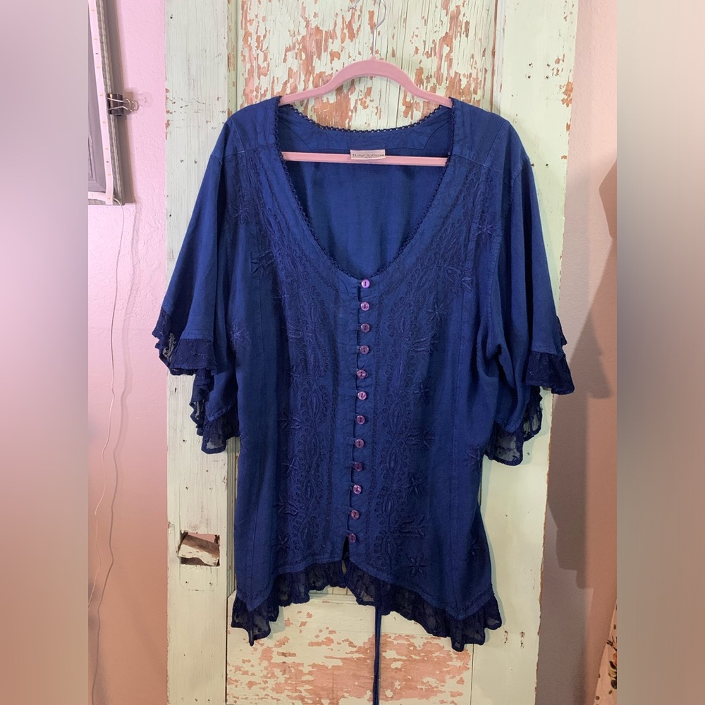 Women’s Holy Clothing blue embroidered floral w corset back button down blouse